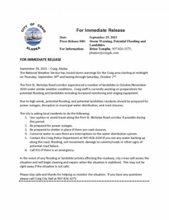 Press Release 21-040 Storm Warning, Potential Flooding and Landslides